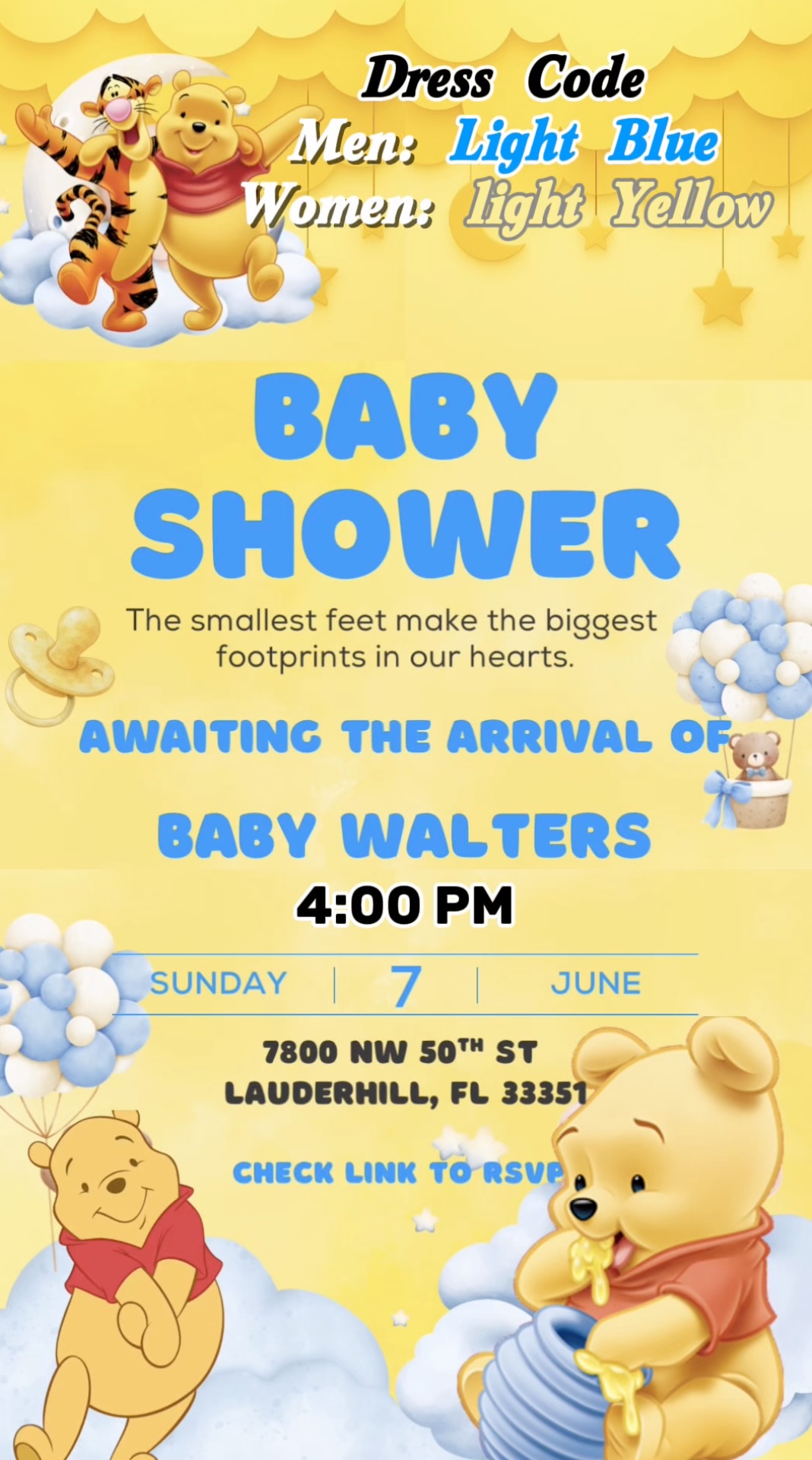 Baby shower invitation art for Baby Walters with yellow and blue Winnie-the-Pooh theme