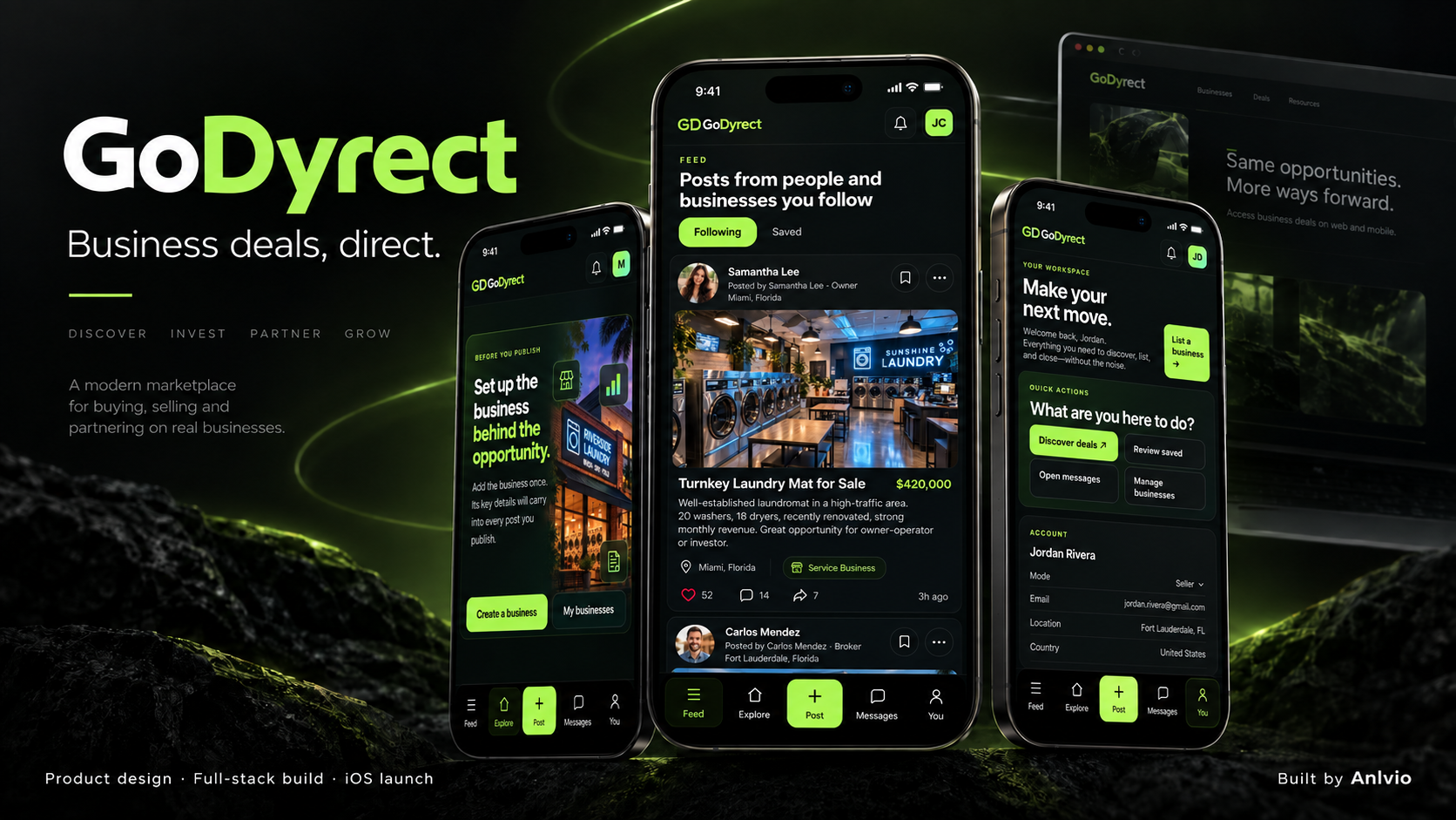 GoDyrect app screens for business deals and marketplace activity