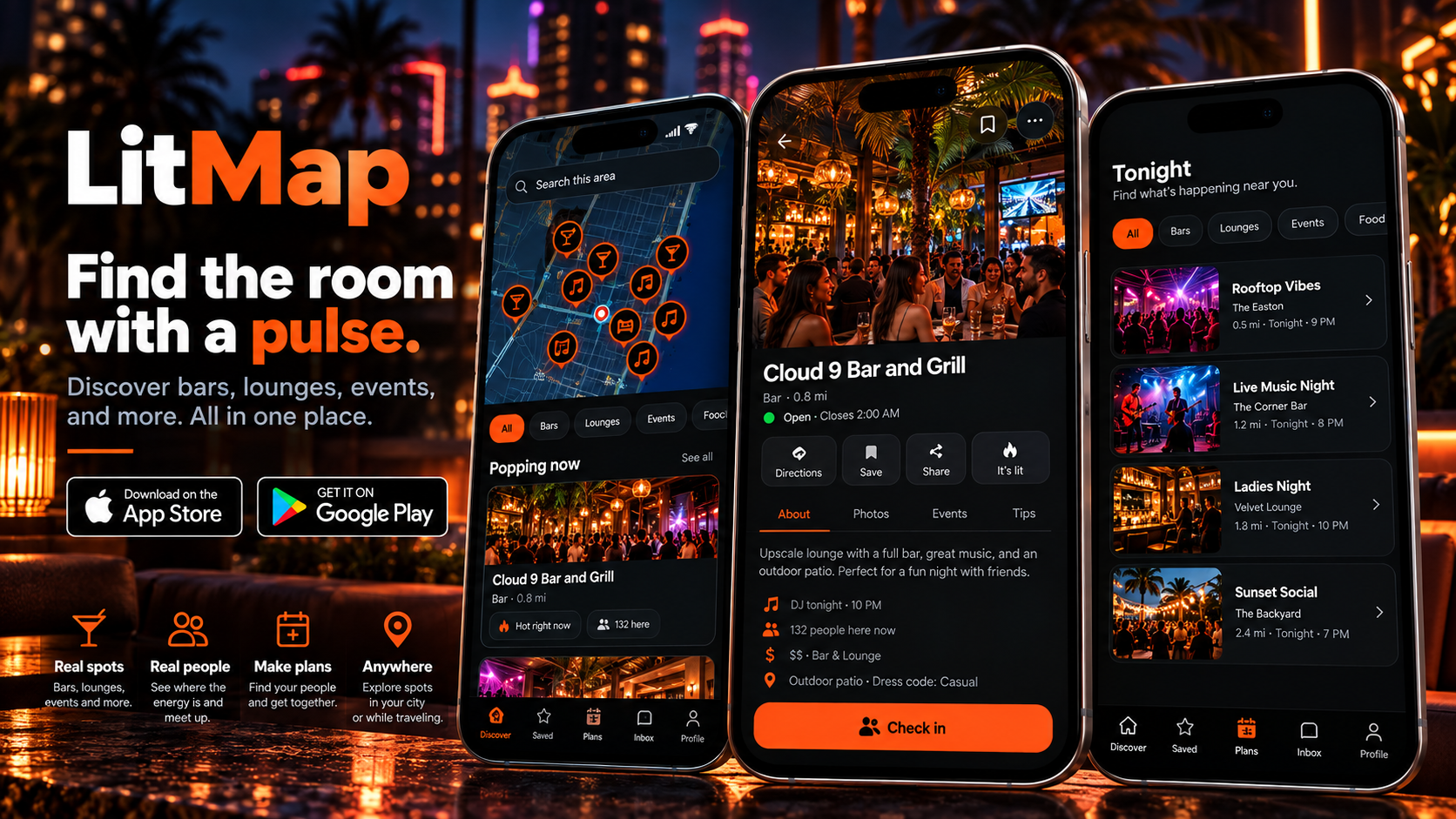 LitMap app screens for discovering nightlife, bars, lounges, and events