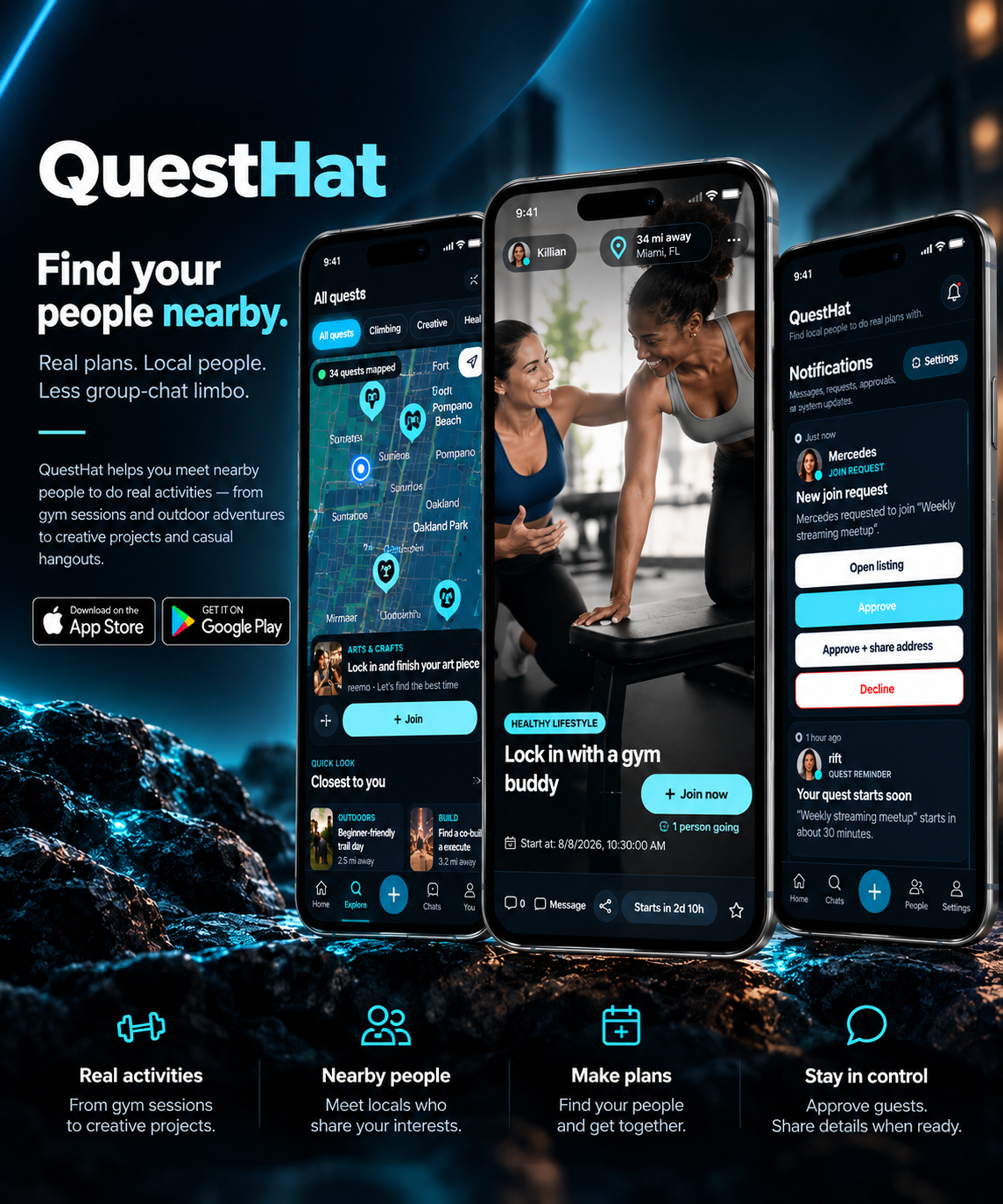 QuestHat app screens for finding nearby people and activities